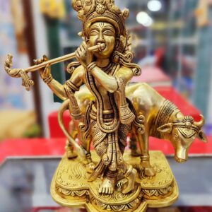 Statue Of Lord Krishna. Playing Flute With Cow 11"