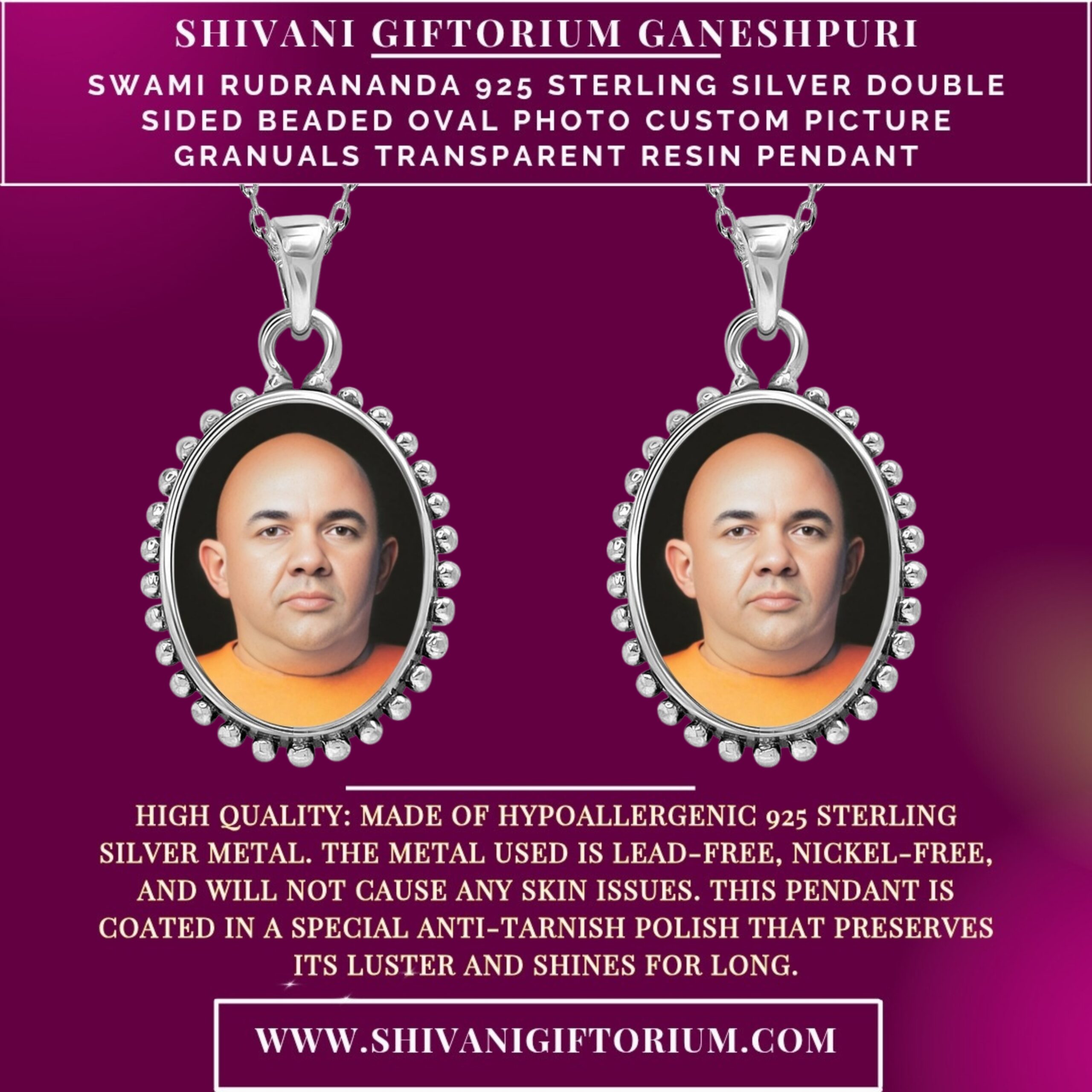 Swami Rudrananda 925 Sterling Silver Double Sided Beaded Oval Photo Custom Picture Granuals Transparent Resin Pendant