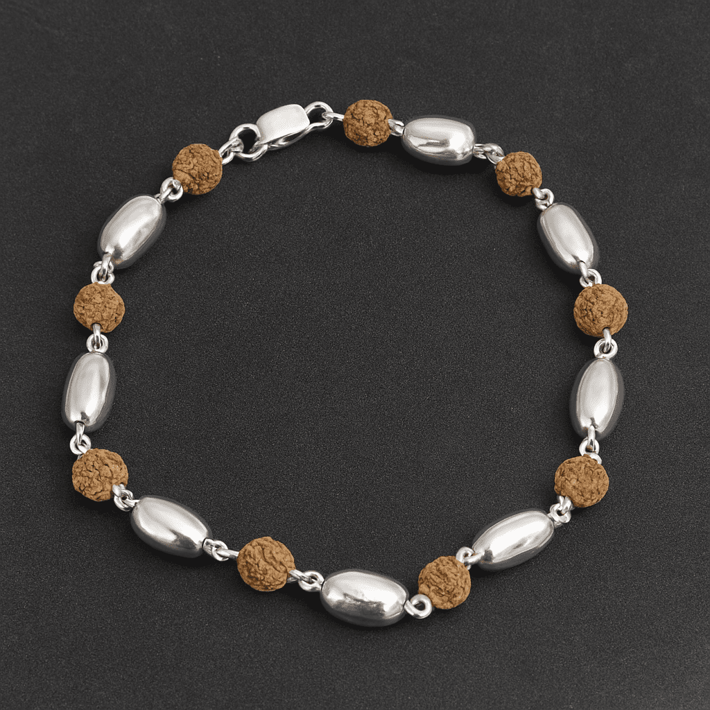 5 Face Rudraksha & Silver Beads Bracelet